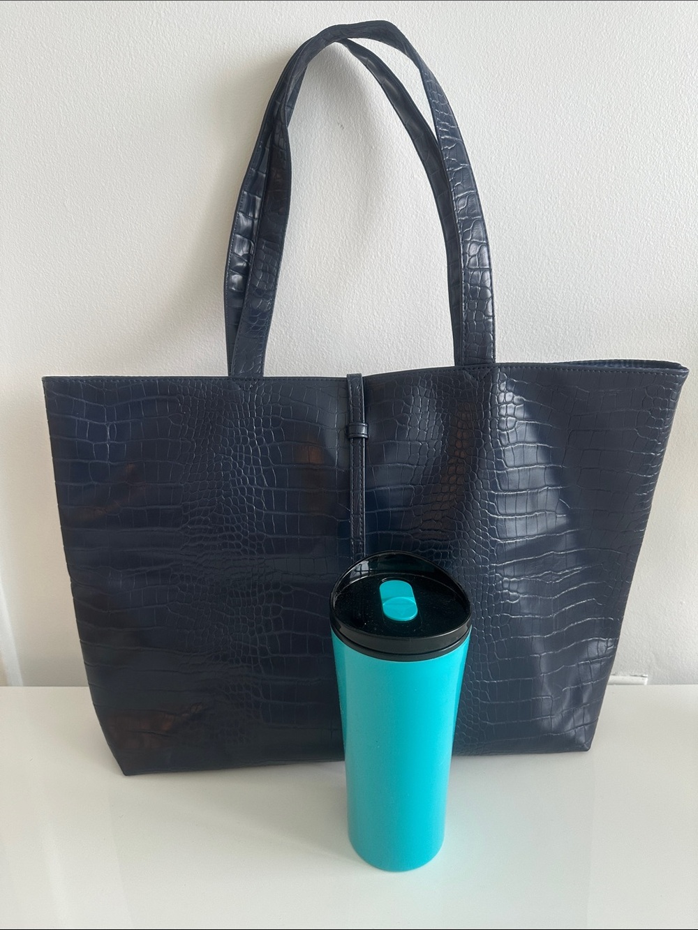 Tote embossed croc navy blue from Saks free tumbler